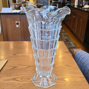 Indiana Glass Co. Tea Room Depression Glass, Crystal Geometric Vase, Ruffled 9"